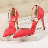 Shallow-mouthed Satin Hollow Pointed Metal Sandals