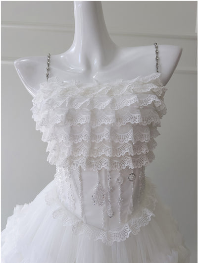 White Tulle Lace Tiers Formal Prom Dress