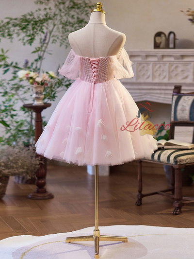 Pink Tulle Off the Shoulder Sequins Homecoming Dress