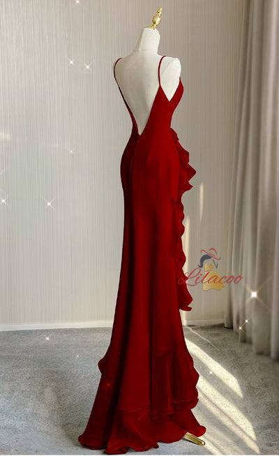 Burgundy Mermaid Halter Backless Prom Dress