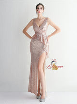 Burgundy V-neck Sequins Split Prom Dress