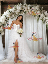 White Tulle Strapless Split Wedding Dress
