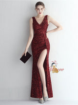 V-neck Mermaid Sequins Split Prom Dress