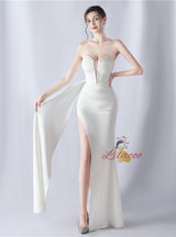 Mermaid Strapless Pleats Beading Split Prom Dress