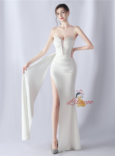 Mermaid Strapless Pleats Beading Split Prom Dress