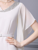 White V-neck Beading Mother Of The Bride Dress With Belt