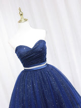 Blue Tulle Sequins Strapless Pleats Homecoming Dress
