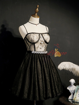 Black Tulle Lace Straps Crystal Homecoming Dress