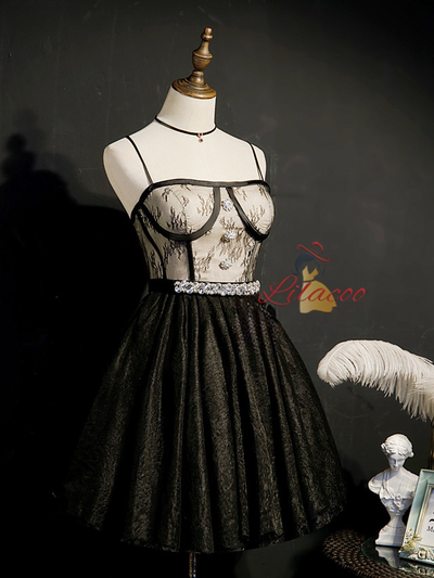 Black Tulle Lace Straps Crystal Homecoming Dress
