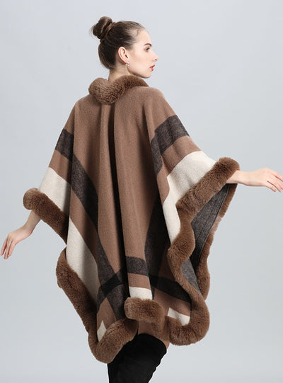 Plaid Fur Collar Shawl Cloak Shawl