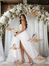 White Tulle Strapless Split Wedding Dress