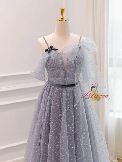 Gray Tulle Spaghetti Straps Pleats Prom Dress
