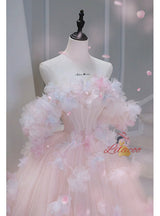 Pink Tulle Off the Shoulder 3D Flower Prom Dress