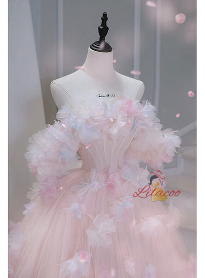 Pink Tulle Off the Shoulder 3D Flower Prom Dress