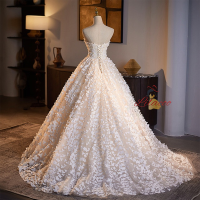 Ivory Tulle Strapless 3D Flower Wedding Dress