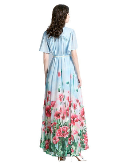 Stand-up Printed Short Sleeve Long Dress