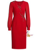Red Long Sleeve V-neck Mother Of The Bride Dress