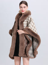 Hooded Jacquard Wool-like Collar Fringed Cloak Shawl