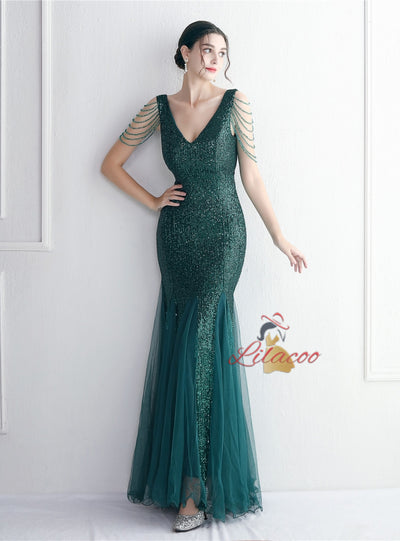 Tulle Sequins V-neck Beading Prom Dress