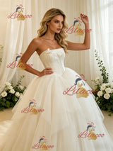 Beige White Tulle Strapless Wedding Dress