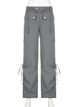 Solid Color Pleated Pocket Low Waist Pant