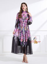 Vertical Collar Flower Print Dress