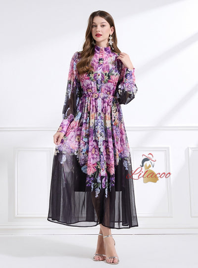 Vertical Collar Flower Print Dress