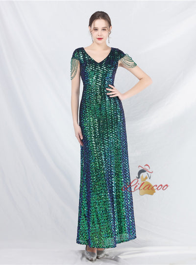 V-neck Sequins Cap Sleeve Beading Prom Dress