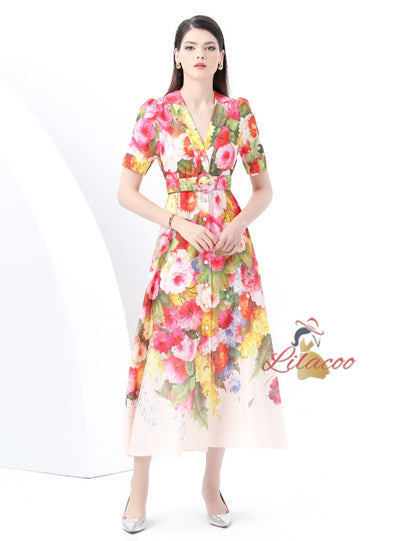Suit Collar Short Sleeve Floral Print Dress