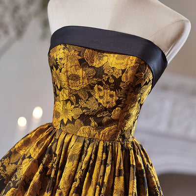 Simple Black Yellow Print Strapless Homecoming Dress