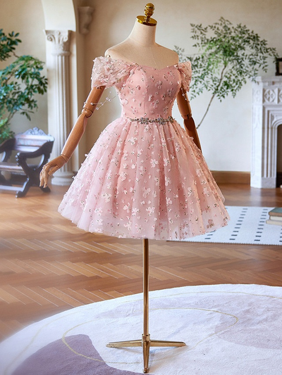 Pink Tulle Flower Beading Off the Shoulder Homecoming Dress