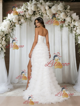White Tulle Strapless Split Wedding Dress