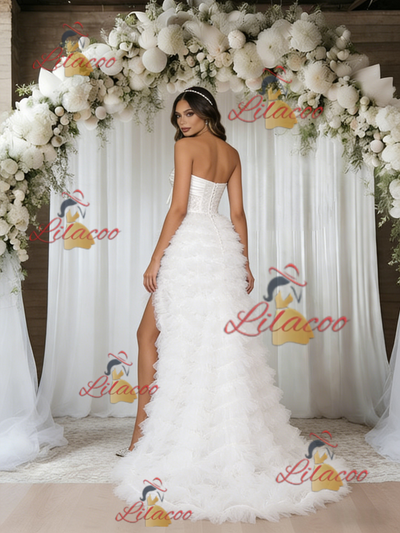 White Tulle Strapless Split Wedding Dress