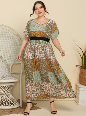 V-neck Mosaic Floral Short-sleeved Dress