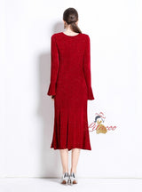 Three-dimensional Flower V-neck Trumpet Sleeve Dress