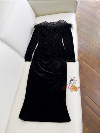 Black Velvet Mid-length Slim Dress