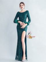 Long Sleeve Split Sequins Prom Dress