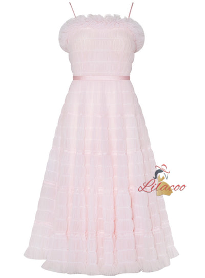 Pink Tulle Spaghetti Straps Prom Dress