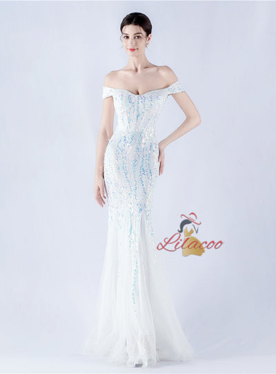 Mermaid Sequins Off the Shoulder Beading Prom Dress