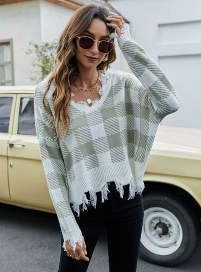 Loose Short V-neck Fringed Sweater