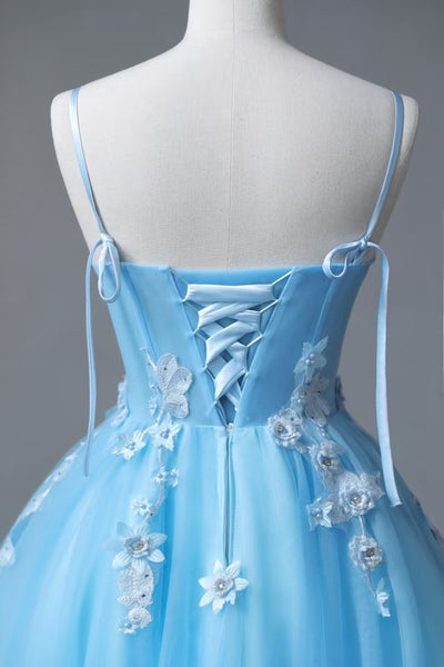 Blue Tulle Spaghetti Straps 3D Appliques Prom Dress