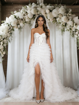 White Tulle Strapless Split Wedding Dress