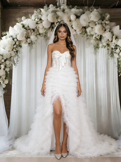 White Tulle Strapless Split Wedding Dress