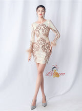 Long Sleeve Sequins Feather Short Prom Dress