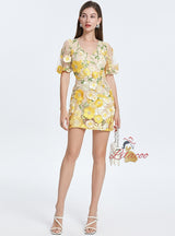 Seaside Flower V-neck Bubble Sleeve Dress