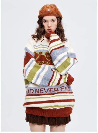 Striped Round Neck Loose Long-sleeved Sweater