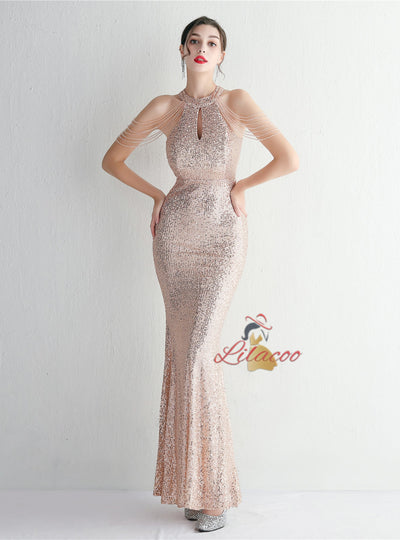 Mermaid Sequins Halter Beading Prom Dress