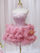 Pink Tulle Crystal Homecoming Dress