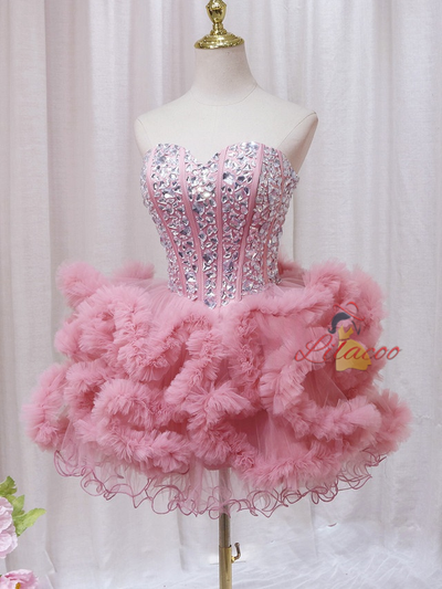 Pink Tulle Crystal Homecoming Dress