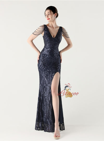 Mermaid Sequins V-neck Beading Prom Dress